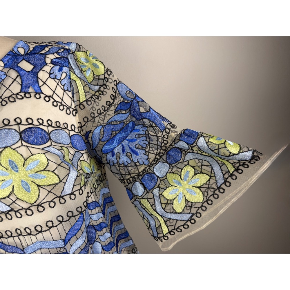 ECI New York Shift Dress Womens 10 Blue Floral Embroidered Bell Sleeve - Picture 4 of 8